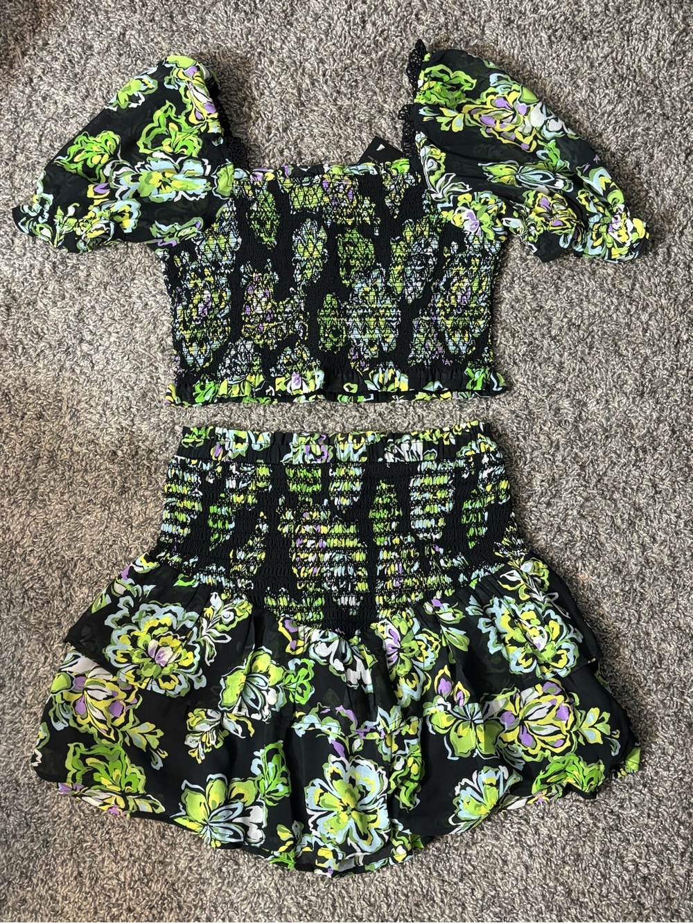 Women’s Two-Piece Smocked Floral Set - Black & Lime